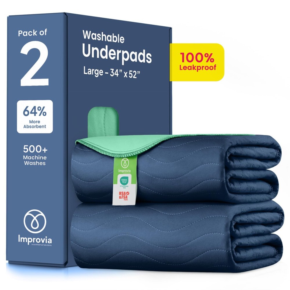 IMPROVIA Washable Underpads, Heavy Absorbency Reusable Incontinence Pads for Kids, Adults, Elderly, and Pets, Waterproof Protection Floor (Navy & Green, 34x52 (Pack of 2))