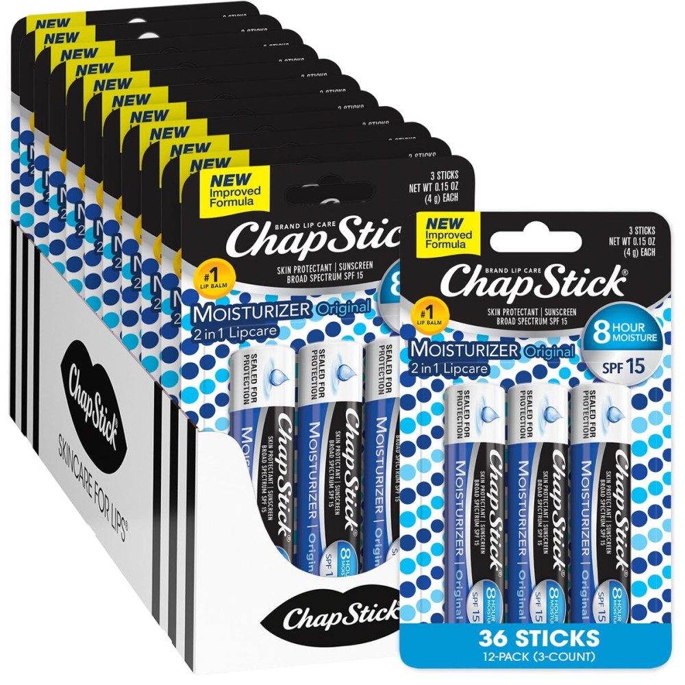ChapStick Lip Moisturizer, Original 2-in-1 Lipcare SPF 12 3-Packs (12 Sets/36 Tubes) - Bulk Lip Balm, New Formula, 0.15 Oz Ea