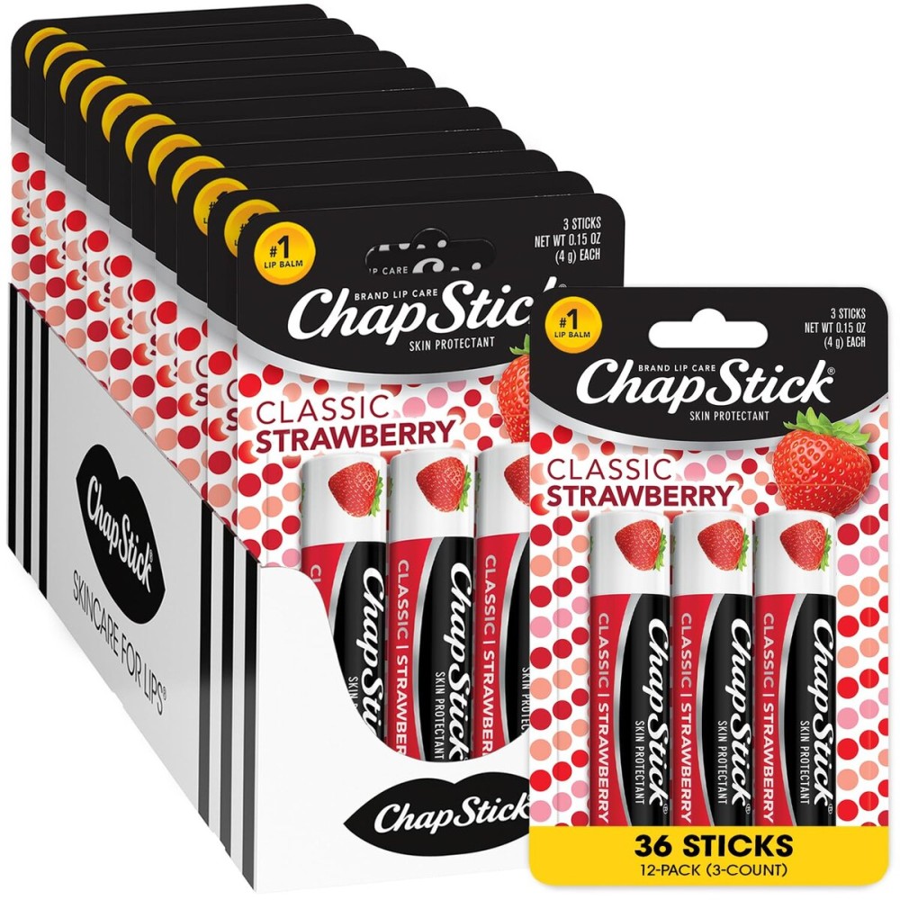 ChapStick Lip Moisturizer, Classic Strawberry 3-Packs (12 Sets/36 Tubes) - Bulk Lip Balm, Fruity & Sweet, 0.15 Oz Ea