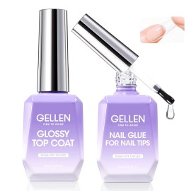 Gellen 4 in 1 Nail Glue Gel and No Wipe Gel Top Coat for False Nail Tips & Acrylic Nails & Clear Press on Nails, 18ML Long Lasting Nail Gel Kit, Home Salon Manicure Set