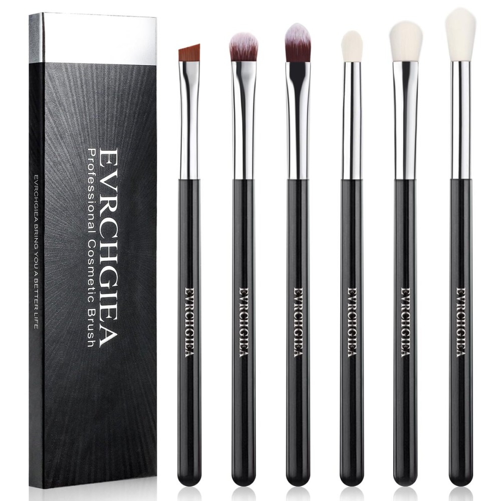 Eye Makeup Brush Set, 6 Pcs Professional Blending Eyeshadow Makeup Brushes for Concealer Eyebrows Eyeliner, Soft Hairs & Wood Handle (black and silver)