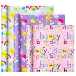 WRAPAHOLIC Girls Birthday Wrapping Paper Roll - 3 Short Rolls - 17 inch x 120 inch Per roll - Fantacy Pink and Purple Wrapping Paper for Kids Girls Birthday, Baby Shower