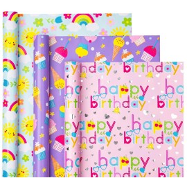 WRAPAHOLIC Girls Birthday Wrapping Paper Roll - 3 Short Rolls - 17 inch x 120 inch Per roll - Fantacy Pink and Purple Wrapping Paper for Kids Girls Birthday, Baby Shower