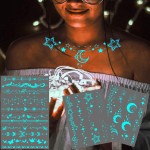 Blue Luminous Star Crescent Moon Temporary Tattoos For Women Clavicle Girls Adults Neck, 4 Sheets Sexy Lace Butterfly Planet Fake Necklace Glow In The Dark Tattoo Sticker, Night Glitter Party Supply