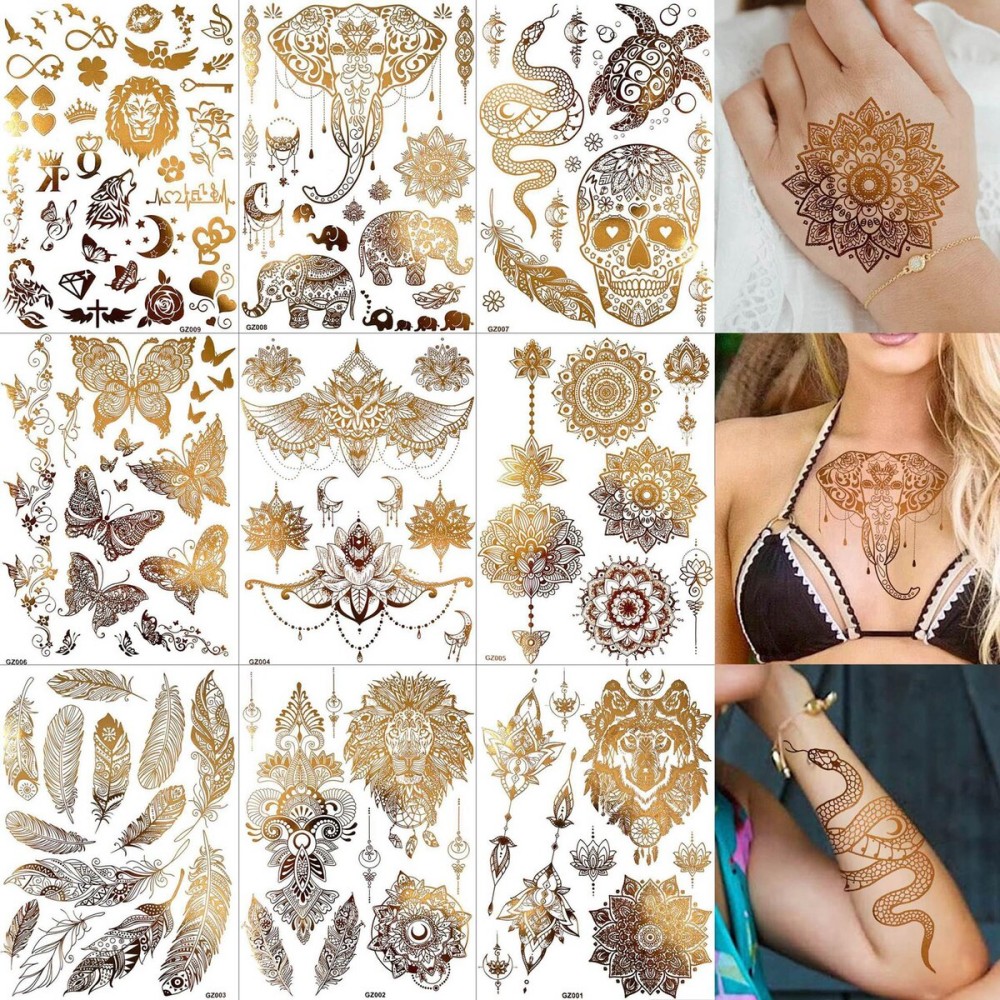 9 Sheets 99+ Design Flash Gold Metallic Temporary Tattoos For Women Adults, Glitter Bohemia Fake Tattoo Stickers Indian Tribal Elephant 3D Wolf Lion Snake Mandala Flower, Golden Butterfly Tattoos