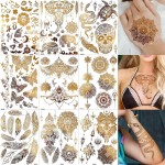 9 Sheets 99+ Design Flash Gold Metallic Temporary Tattoos For Women Adults, Glitter Bohemia Fake Tattoo Stickers Indian Tribal Elephant 3D Wolf Lion Snake Mandala Flower, Golden Butterfly Tattoos