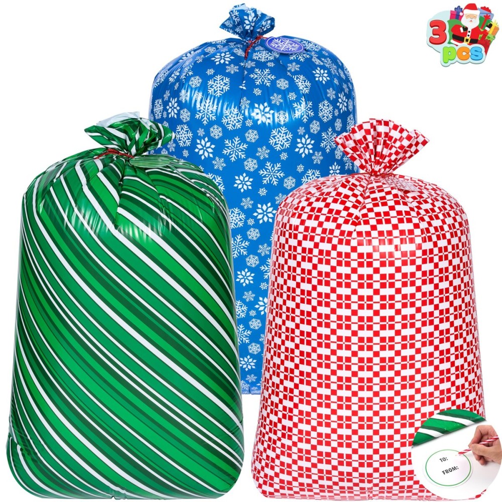 JOYIN 3 PCS Christmas Jumbo Plastic Gift Bags, Extra Large Holiday Present Red, Green, Blue Bag for Xmas Gifts, Oversized Christmas Sacks for Decorations, Carry-on Luggage, Large Toys