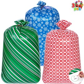 JOYIN 3 PCS Christmas Jumbo Plastic Gift Bags, Extra Large Holiday Present Red, Green, Blue Bag for Xmas Gifts, Oversized Christmas Sacks for Decorations, Carry-on Luggage, Large Toys