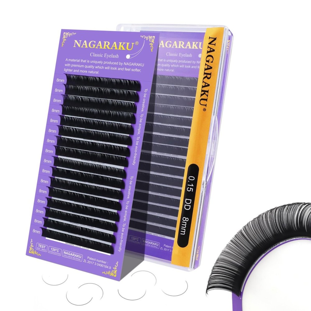 NAGARAKU Eyelash Extensions Individual Lashes Extensions Classic Lash Matte Black 16 Rows Soft Natural Matte Black Professional Beauty Salon Lash Supplies -0.15DD 8mm