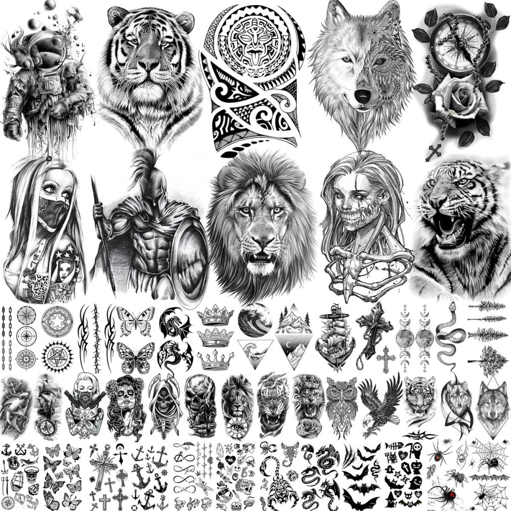 49 Sheets Tribal Black Temporary Tattoos For Women Men Adults Body Arm, Long Lasting Maori Wolf Tiger Lion Spartan Warrior Gladiator Fake Tattoo Stickers Gangster Rose Skull, Bulk Halloween Tattoos