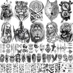 49 Sheets Tribal Black Temporary Tattoos For Women Men Adults Body Arm, Long Lasting Maori Wolf Tiger Lion Spartan Warrior Gladiator Fake Tattoo Stickers Gangster Rose Skull, Bulk Halloween Tattoos