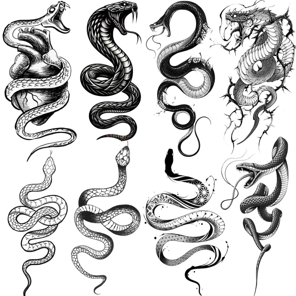 8 Sheets Cobra Snake Temporary Tattoos For Women Men Adults, Half Arm Sleeve Fake Tattoo Stickers Serpent, 3D Waterproof Halloween Black Realistic Snake Tattoos For Legs Forearm Back Neck Sets