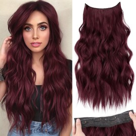 KooKaStyle Invisible Wire Hair Extensions with Transparent Wire Adjustable Size 4 Secure Clips Long Wavy Secret Hairpiece (20 Inch, Burgundy)
