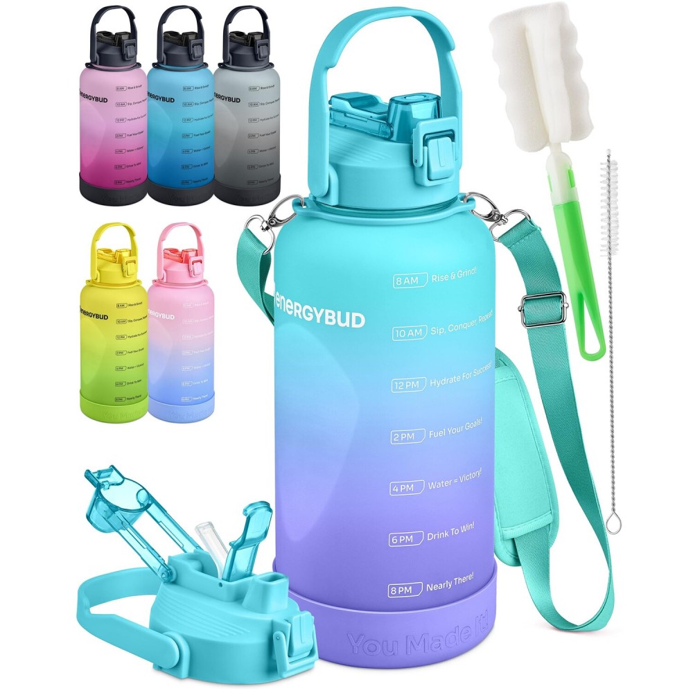 EnergyBud 1 Gallon Water Bottle Removable Straw And Handle Dishwasher-Safe BPS & BPA & DEHP Free +2 Brushes Big/Large Bottle With Time Markers Wide Mouth Leakproof 128 oz Jug (Turquoise & Purple)