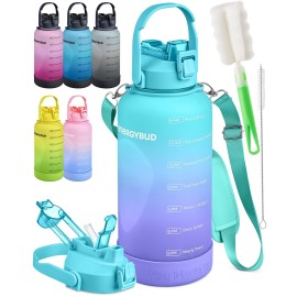 EnergyBud 1 Gallon Water Bottle Removable Straw And Handle Dishwasher-Safe BPS & BPA & DEHP Free +2 Brushes Big/Large Bottle With Time Markers Wide Mouth Leakproof 128 oz Jug (Turquoise & Purple)