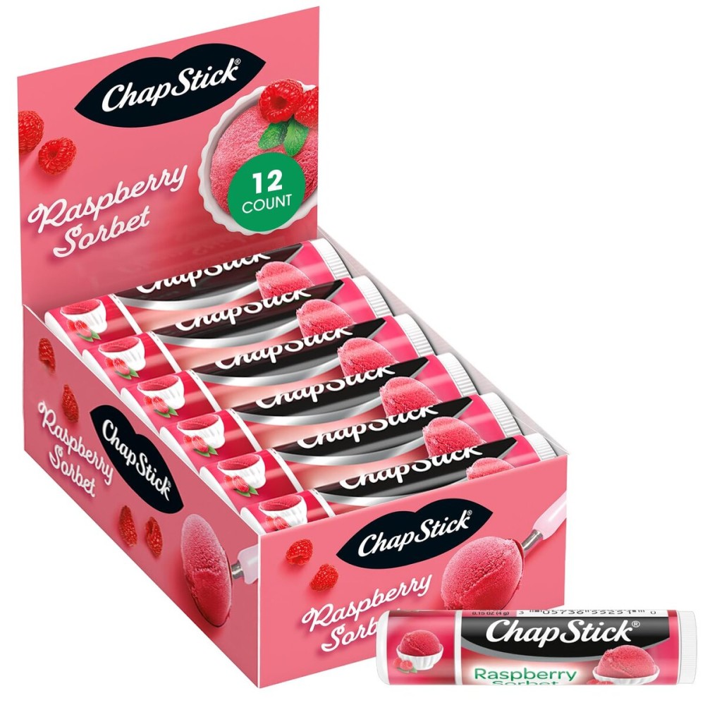 ChapStick Lip Moisturizer, Raspberry Sorbet, 12-Pack - Bulk Lip Balm, Luscious & Sweet, 0.15 Oz Ea