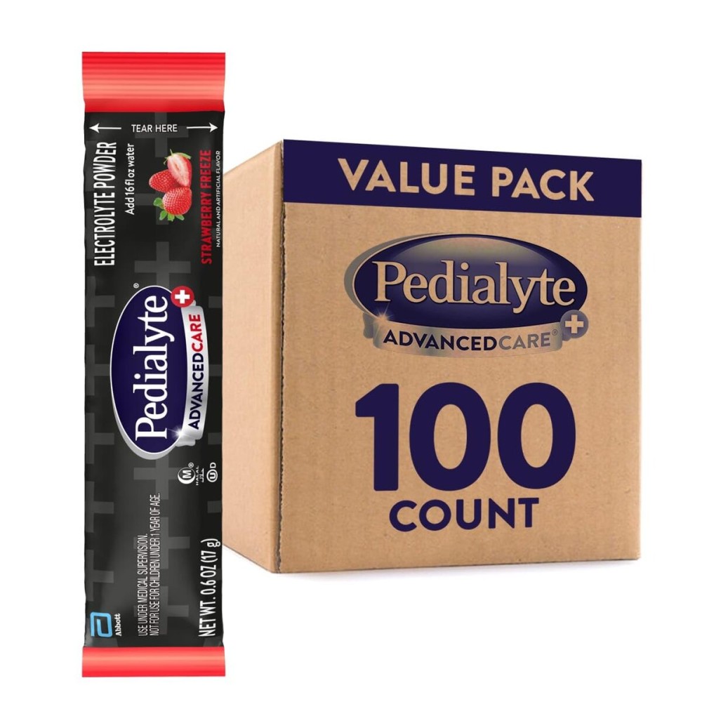 Pedialyte AdvancedCare Plus Electrolyte Powder, Has 33% More Electrolytes and PreActiv Prebiotics, Strawberry Freeze, 100 Powder Packet