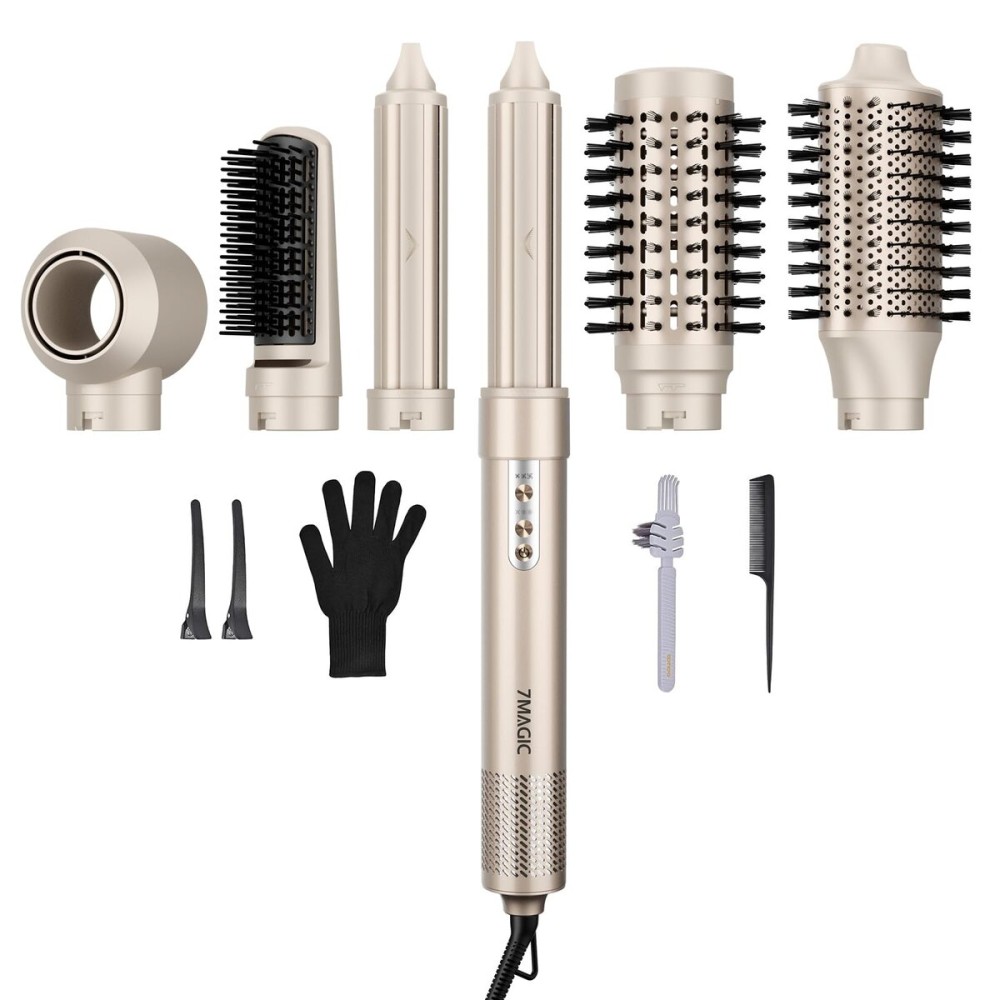 7MAGIC 6 in 1 Multi Hair Styler Dryer Brush, 110,000 RPM High-Speed, Negative Ionic, Fast Drying for Professional Blow Dry, Curling, Volumizing, Straightening and Styling, Gold