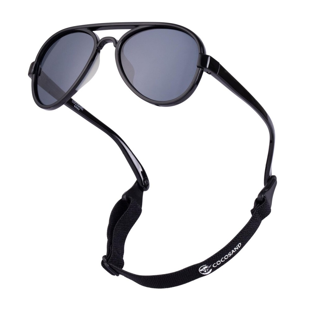 COCOSAND Baby Sunglasses with Strap Polarized Aviator Soft Silicone Nose Pads for Toddler Girls Boys Age 0-24 Months, Black