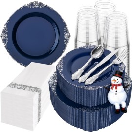 Hioasis 350pcs Blue and Silver Plastic Plates - Elegant Disposable Dinnerware Set Suitable for 50 Guests Include 10.25 Dinner & 7.5 Dessert Plates, Cutlery, Napkins, Cups for Party