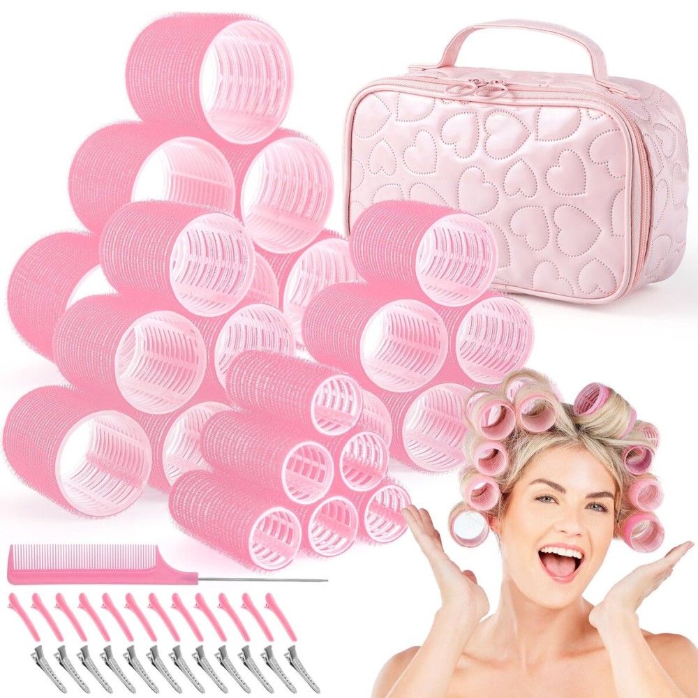 Obeoby 4 Sizes Hair Rollers with Gift Makeup Bag, Rollers Hair Curlers Self-Grip Hair Rollers with Clips, Comb, Curlers for Long, Short Hair and Bangs, Valentine\'s Day Gifts for Women Girls Pink