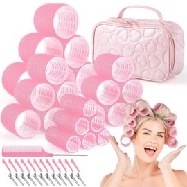 Obeoby 4 Sizes Hair Rollers with Gift Makeup Bag, Rollers Hair Curlers Self-Grip Hair Rollers with Clips, Comb, Curlers for Long, Short Hair and Bangs, Valentine\'s Day Gifts for Women Girls Pink