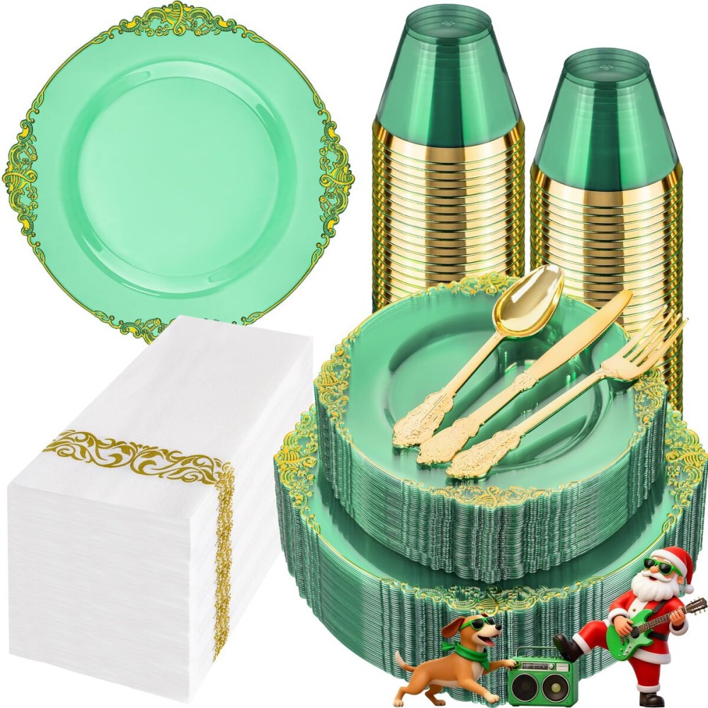 Hioasis 350pcs Clear Green Plastic Plates - Elegant Disposable Dinnerware Set Suitable for 50 Guests Include 10.25 Dinner & 7.5 Dessert Plates, Cutlery, Napkins, Cups for Party & Christmas