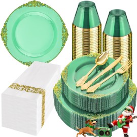 Hioasis 350pcs Clear Green Plastic Plates - Elegant Disposable Dinnerware Set Suitable for 50 Guests Include 10.25 Dinner & 7.5 Dessert Plates, Cutlery, Napkins, Cups for Party & Christmas