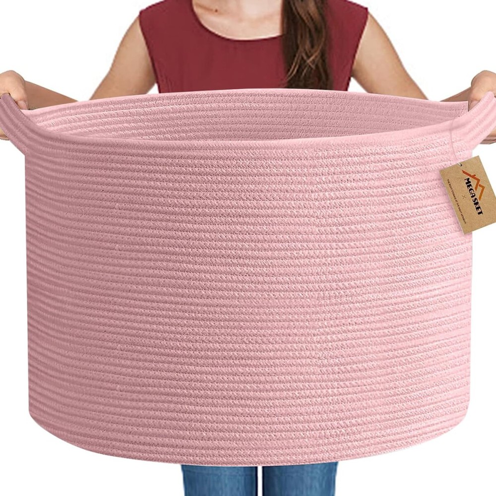 MEGASKET Extra Large Pink Basket, 22x22x14 Woven Cotton Rope Bin with Handles, Blanket Storage for Living Room, Baby Kids Toy Storage Bin Box, Wicker Laundry Basket, Pink Room Decor Organizing