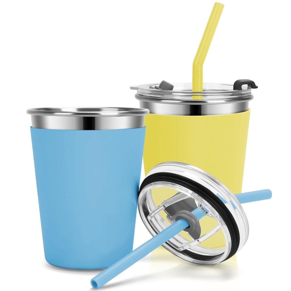 Vermida Kids Cups with Straws and Lids Leak Proof, 12oz Sippy Cups for Toddlers 1-3, 2 Pack Spill Proof Cup Stainless Steel Kids Cups with Lids for School, Outdoor (Blue & Yellow)