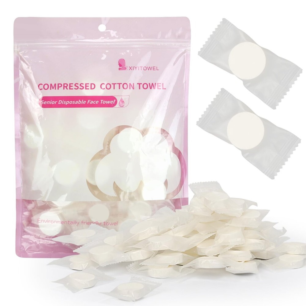 Classycoo Compressed Towel Mini Tablets, Disposable Portable Face Towel Cotton Coin Tissue for Travel, Camping, Hiking, Facial Daily Wash Hand Wipes, Outdoor Activities(Single Use, 50 Pack Thick)