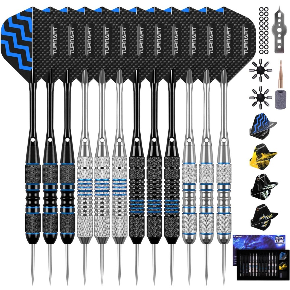 Turnart Darts Metal Tip Set - Steel Tip Darts Darts Set Professional Metal Darts Dart Board Set 12 Pcs 24 Gram 20 O-Rings Aluminum Darts Shafts 24 Extra Flights Darts Tool
