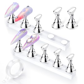 Makartt Press On Nail Stand: Silver Nail Stand for Nails Art Display Practice Nail Holder for Painting Nails Stand for False Nail Press On Designs Magnetic Fake Nail Holder with 1M Double-sided Tape