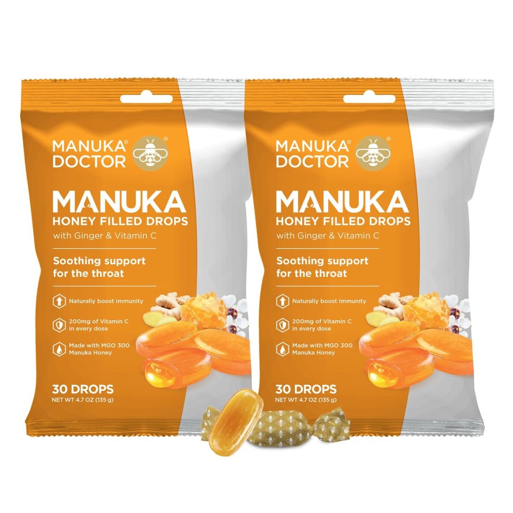 Manuka Doctor Cough Drops, Manuka Middles, 30 Drops (Pack of 2) Throat Lozenges Infused with Raw Manuka Honey, Vitamin C & Ginger for Immune Support, Helps Soothe Sore Throat