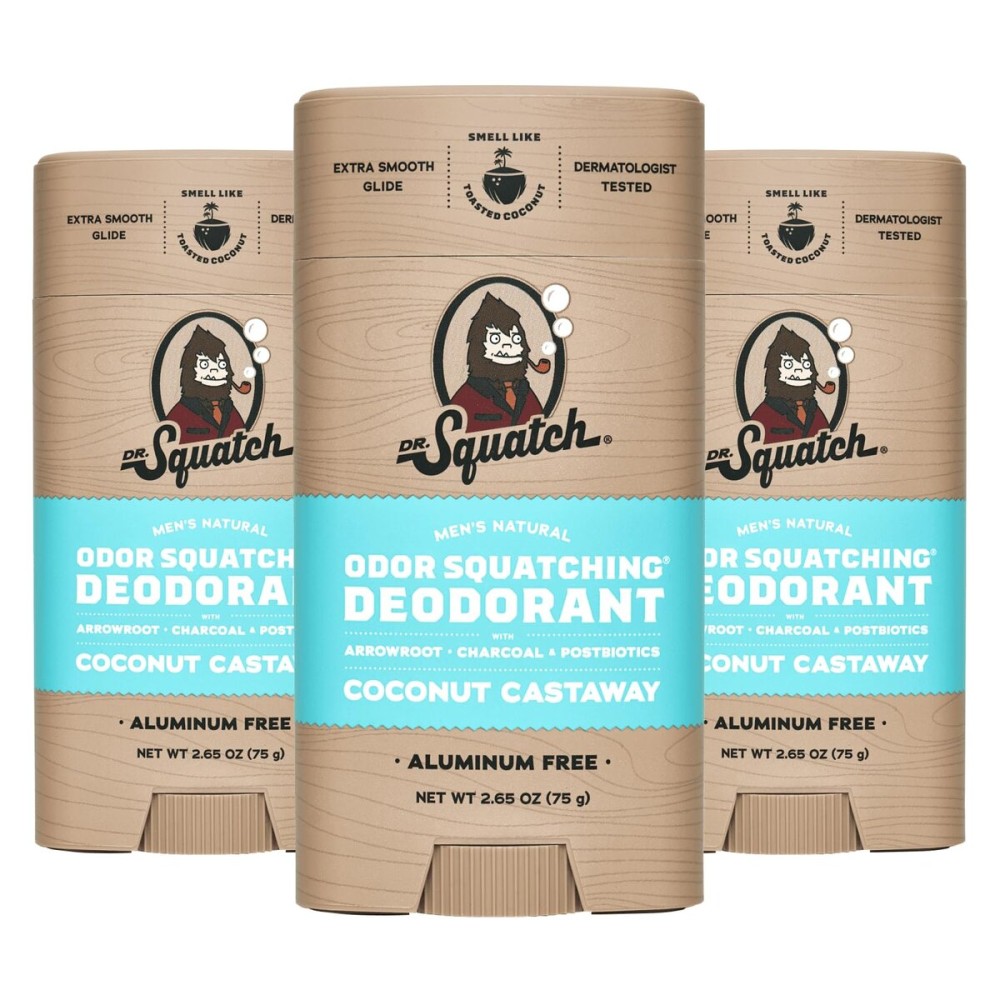 Dr. Squatch Natural Deodorant for Men - Odor-Squatching Aluminum Free - Coconut Castaway (2.65 oz, 3-Pack)