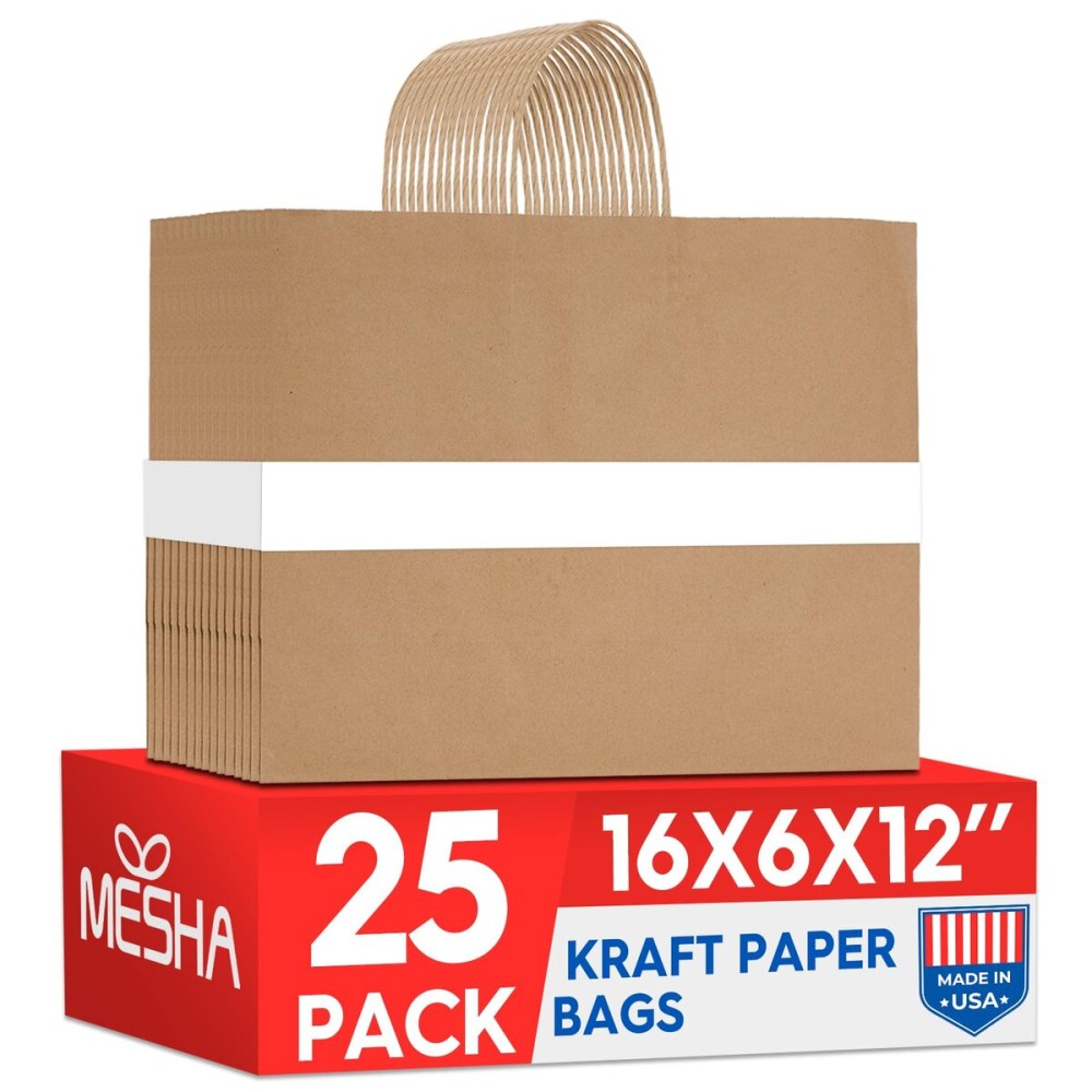 MESHA Large Brown Paper Bags with Handles 16x6x12 Inch 25 Pack Gift Shopping Bags Large Craft Bag Kraft Bag for Small Business