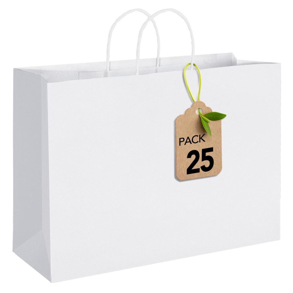 MESHA Gift Paper Bags White Large 16x6x12 25 Pack,Kraft Gift Bags with Handles for Shopping Birthday Party Favor Grocery Retail Merchandise Wedding Sacks