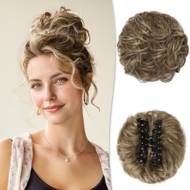 RUWISS Claw Clip Messy Bun Hair Piece Real Human Hair Buns Wavy Curly Chignon Hair Bun Extensions Tousled Updo Claw Clip Ponytail Hairpieces for WomenBrown to Blond