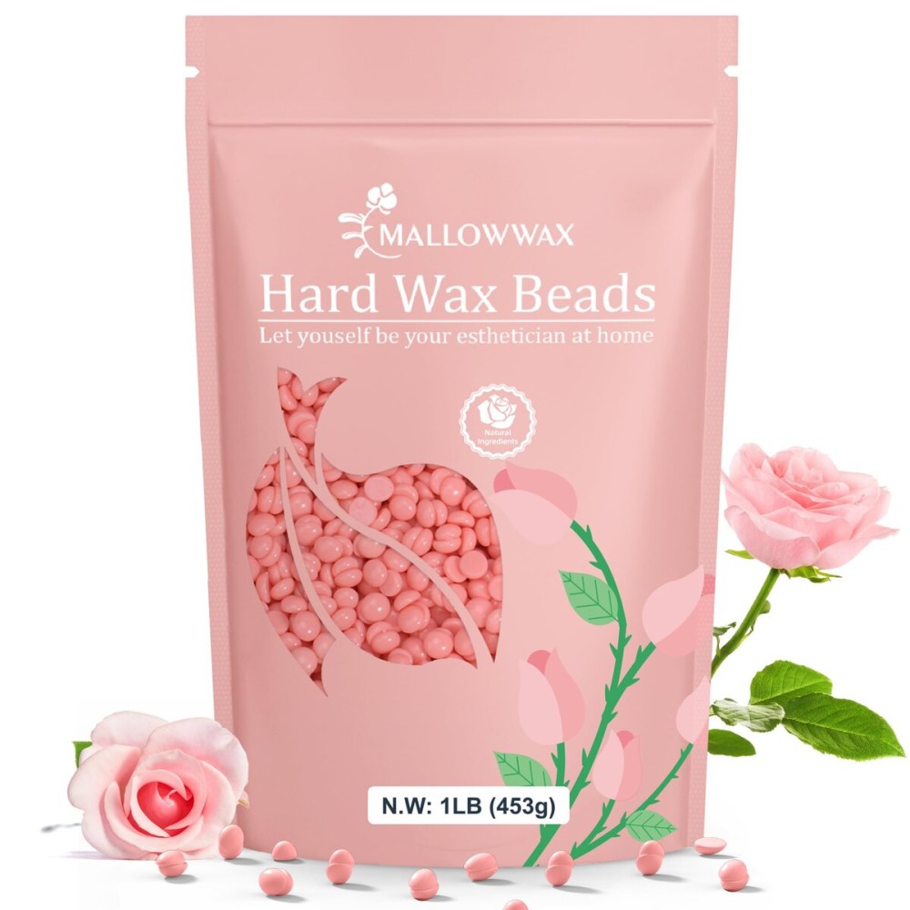 Mallowwax Hard Wax Beads, 1LB Pink Rose Wax Beans for Hair Removal, Waxing Beads Refill for Sensitive Skin, Perfect for Facial, Brazilian, Upper lip, Cheeks and Bikini Waxing at Home for Women Men
