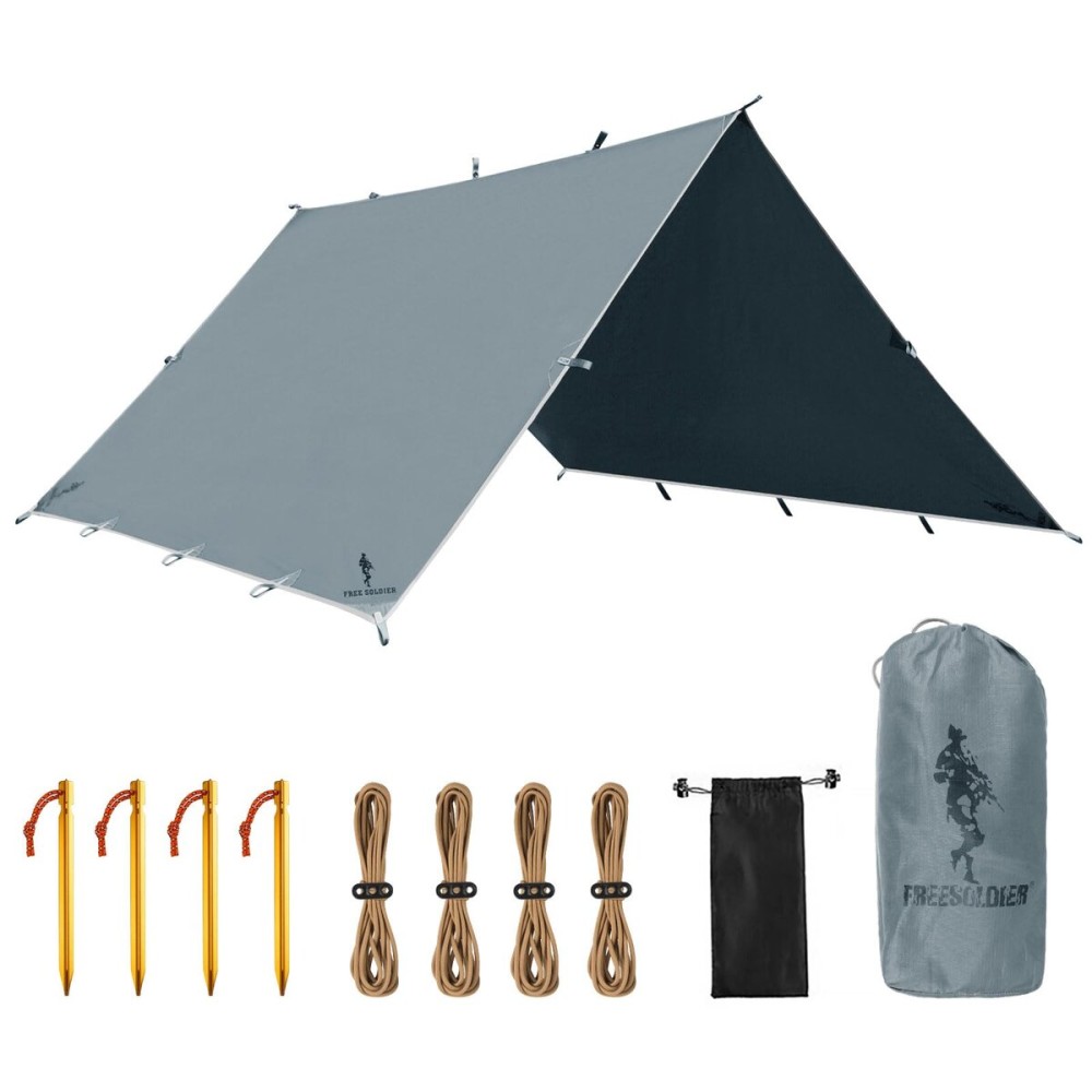 FREE SOLDIER Camping Tarp Waterproof Portable Multifunctional Outdoor Traveling Awning Backpacking Shelter Rain Tarp (Blue Gray 1010.5ft)