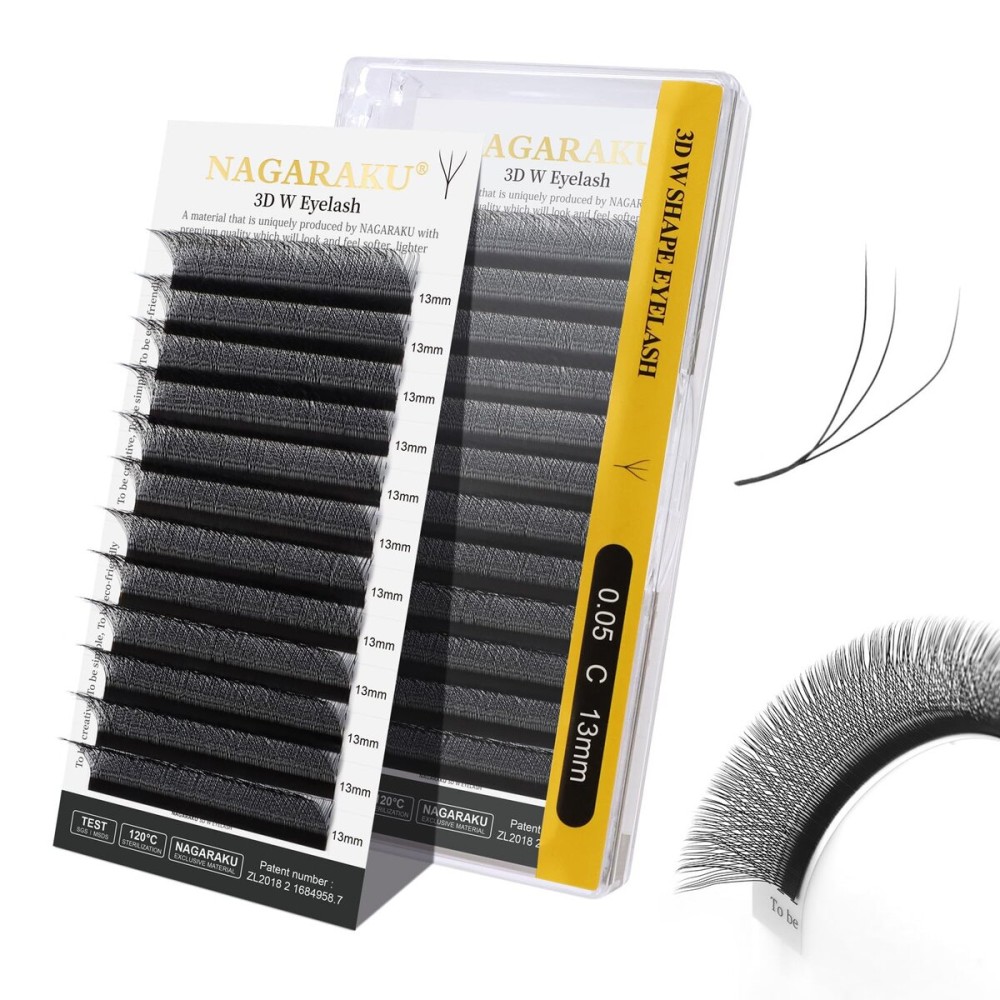 NAGARAKU W Shape Eyelash Extension 3D Volume Cluster Premade Fans Eye Lashes Faux Mink Matte Black Easy Fanning False Eyelashes (0.05mm C curl 13mm)