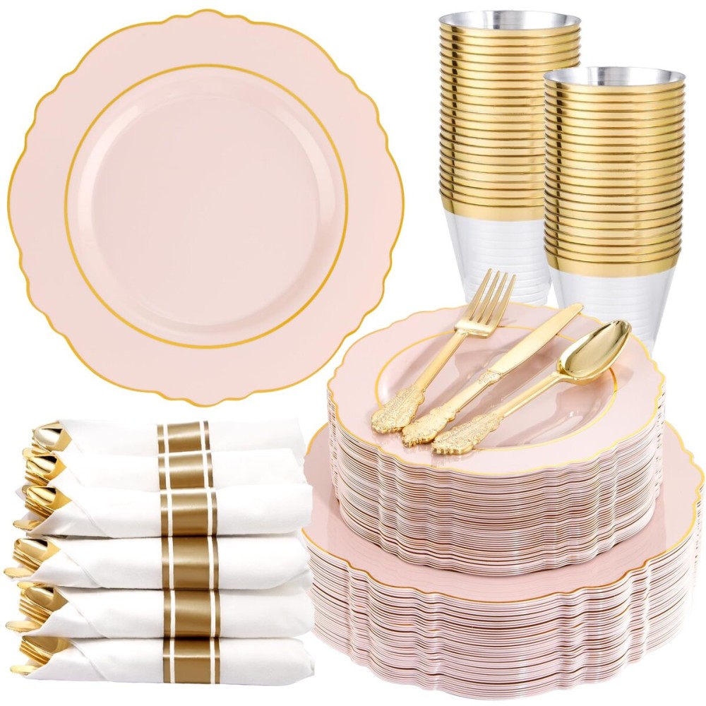 Liacere 350PCS Pink Plates Disposable - Pink and Gold Plates 50guest Baroque Plastic Dinnerware include 100Plates, 50Pack Pre Rolled Napkins with Silverware 50Cups Perfect for Valentine\'s Day
