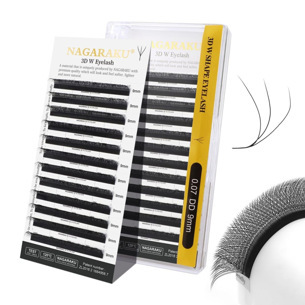 NAGARAKU W Shape Eyelash Extension 3D Volume Cluster Premade Fans Eye Lashes Faux Mink Matte Black Easy Fanning False Eyelashes (0.07mm DD curl 9mm)