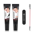 Curvlife Soft Quick Drying 10g Semi Solid Nail Glue with 10ml Remover with Cuticle Pusher Nail Art for Press On Nails Tips No Need for UV Lamp Long Lasting