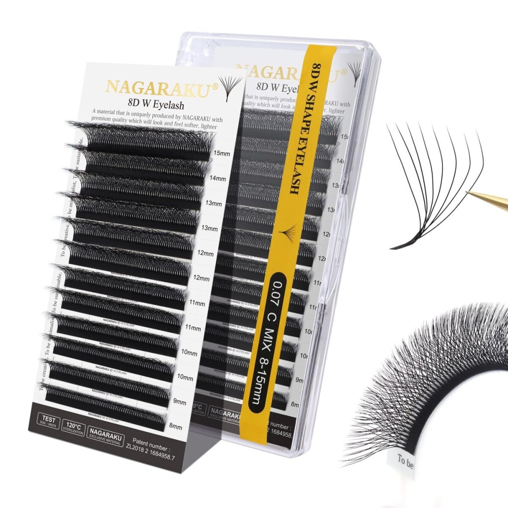 NAGARAKU W Shape Eyelash Extension 8D Volume Cluster Premade Fans Eye Lashes Faux Mink Matte Black Easy Fanning Pre Fanned False Eyelashes yy Lashes 0.07mm C (8-15mm) Mix