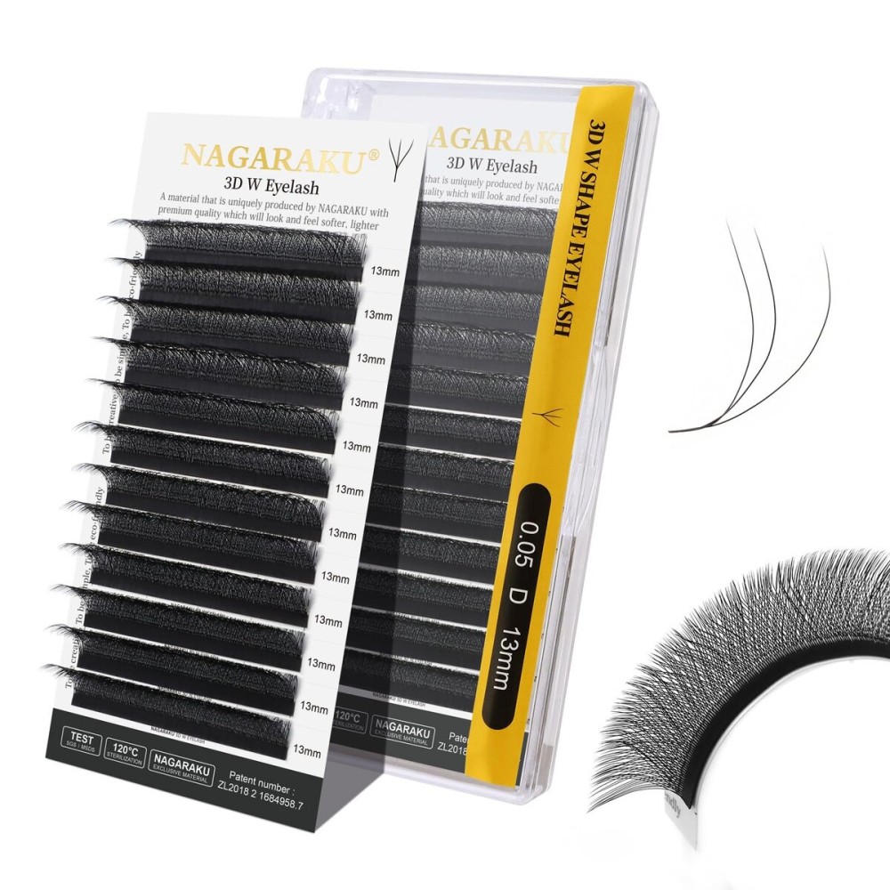 NAGARAKU W Shape Eyelash Extension 3D Volume Cluster Premade Fans Eye Lashes Faux Mink Matte Black Easy Fanning False Eyelashes (0.05mm D curl 13mm)