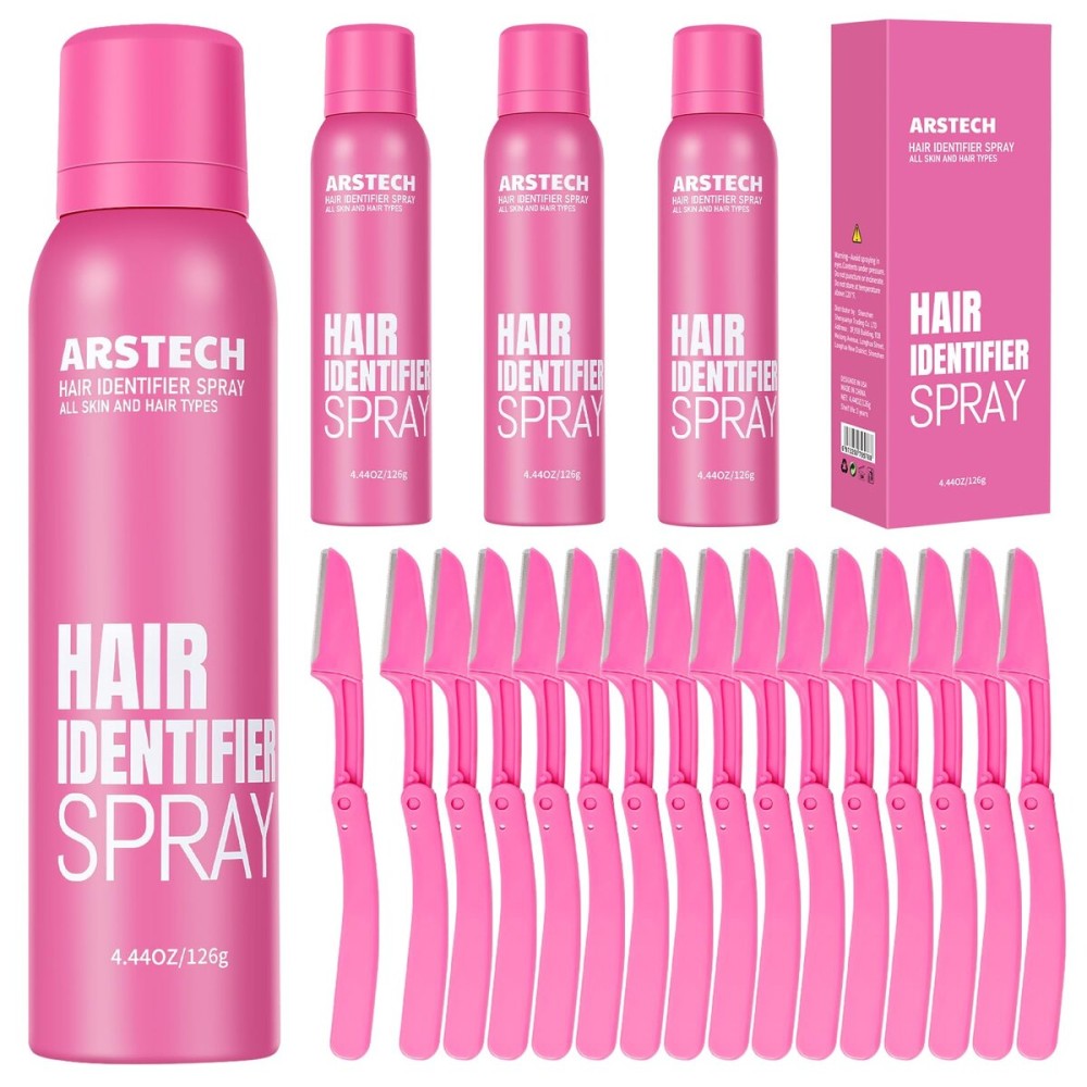 Hair Identifier Spray for Face Shaving Dermaplaning Tool 4 Pack Skin Body Dermaplaning Spray for Women with 16 Face Razor for Face Shaver Hair Removal Kit Excess Hair Dermaplane Razor for Women Face