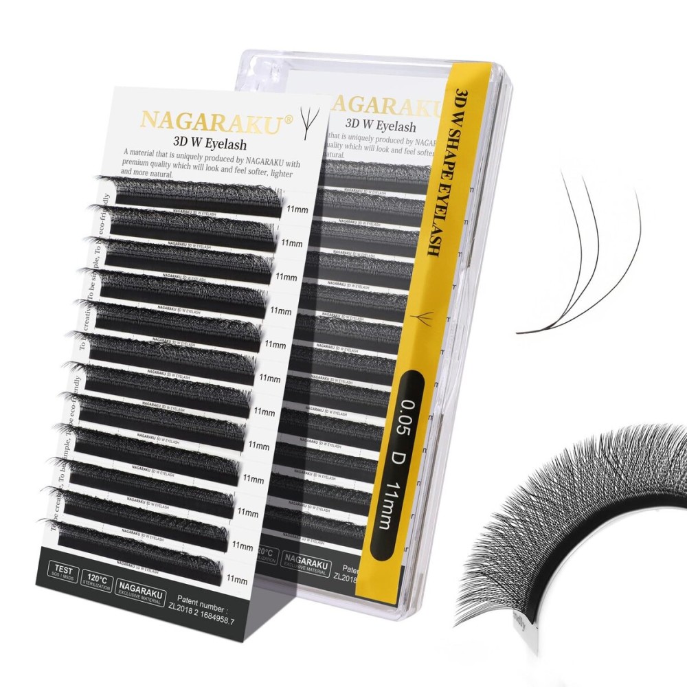 NAGARAKU W Shape Eyelash Extension 3D Volume Cluster Premade Fans Eye Lashes Faux Mink Matte Black Easy Fanning False Eyelashes (0.05mm D curl 11mm)