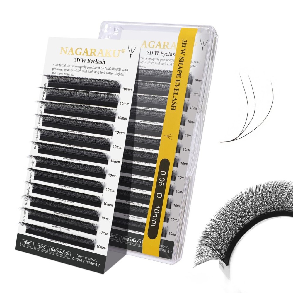 NAGARAKU W Shape Eyelash Extension 3D Volume Cluster Premade Fans Eye Lashes Faux Mink Matte Black Easy Fanning False Eyelashes (0.05mm D curl 10mm)