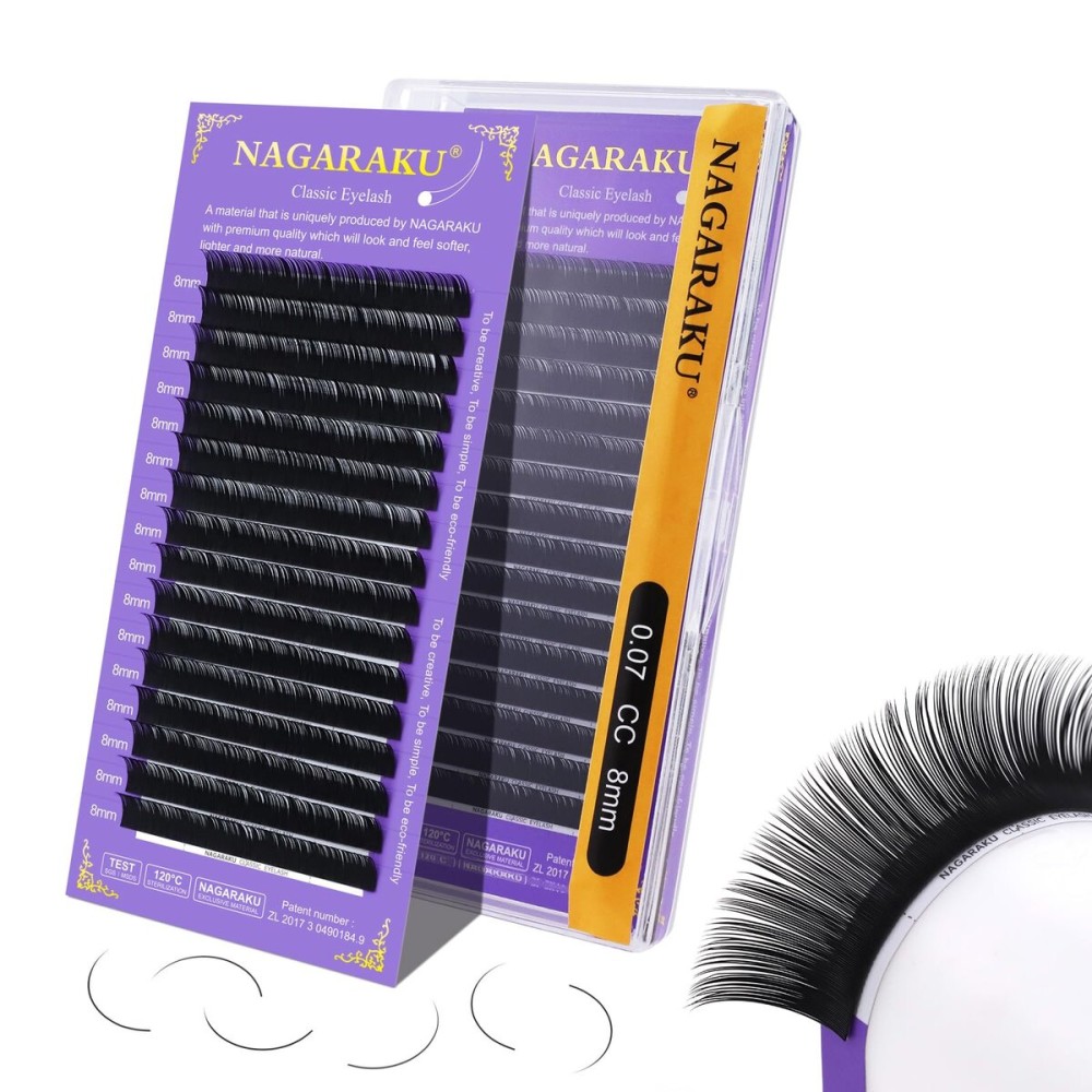 NAGARAKU Eyelash Extensions Individual Lashes Extensions Classic Lash Matte Black 16 Rows Soft Natural Matte Black Professional Beauty Salon Lash Supplies -0.07CC 8mm
